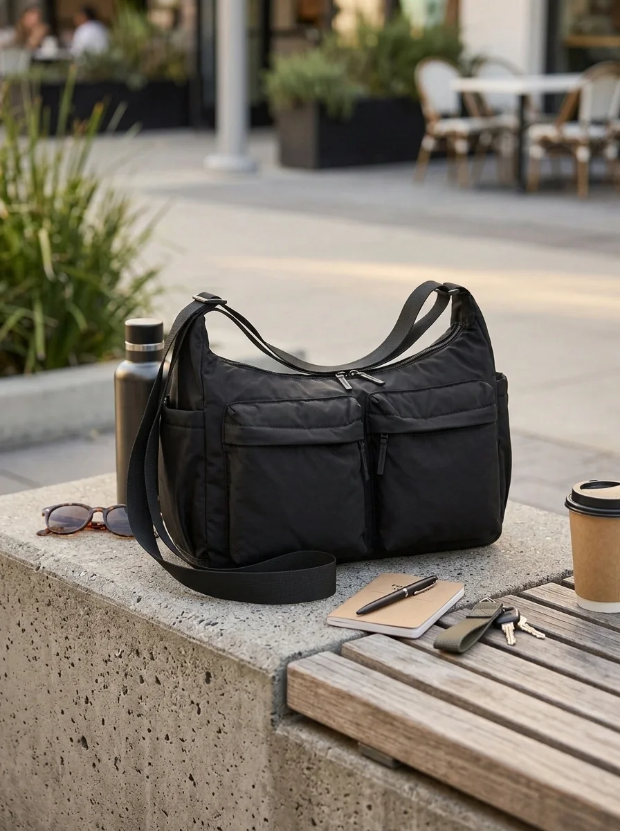 Black everyday crossbody bag with two front pockets