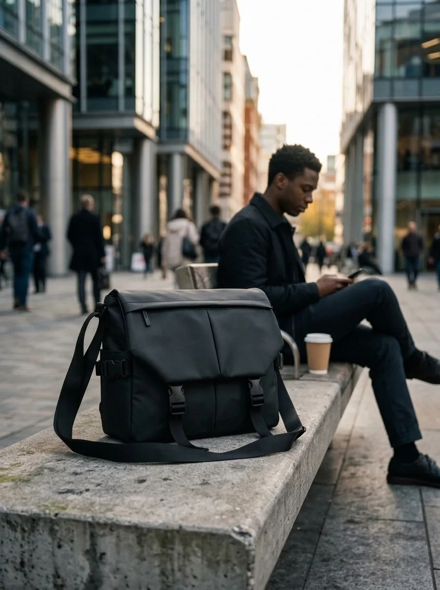 Smart crossbody bag on a bench next to a man in the city
