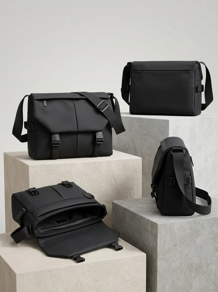 Smart messenger bag shown from four angles, open and closed
