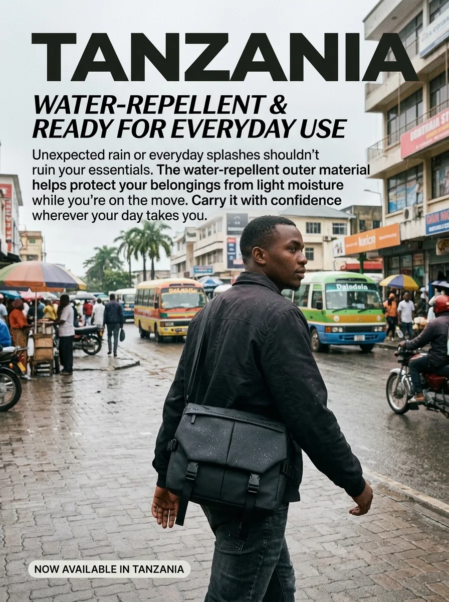 Man in a rainy street in Tanzania carrying the water-repellent smart crossbody bag
