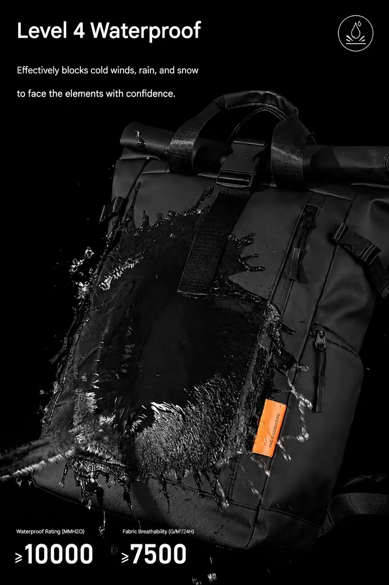 Water splashing on the waterproof rolltop backpack